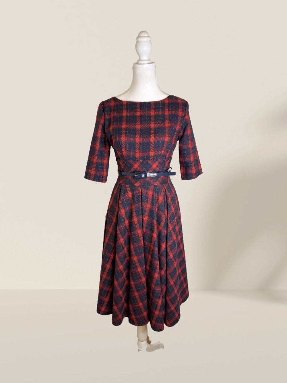 The Pretty Dress Company Red Tartan Hepburn Swing Dress Size 8 UK | Plaid Midi